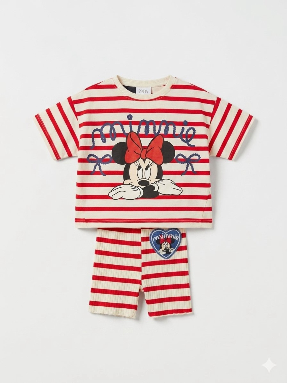 Zara Disney Minnie Mouse Striped Tee Biker Shorts Set 18-24M